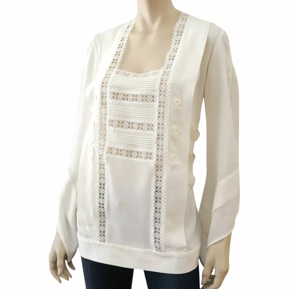 DEREK LAM Ivory White Lace Embroidered Silk Blouse Top